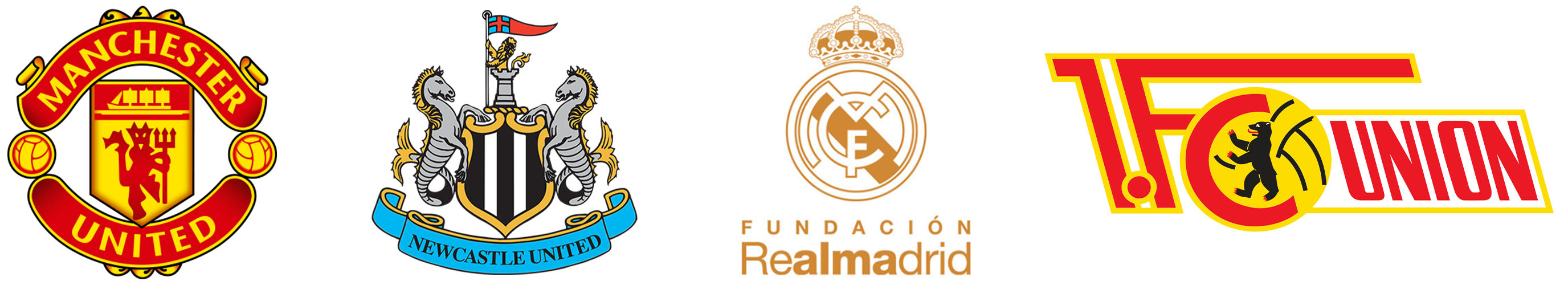 Logos of Manchester United, Newcastle United, Real Madrid, and FC Union on a white background