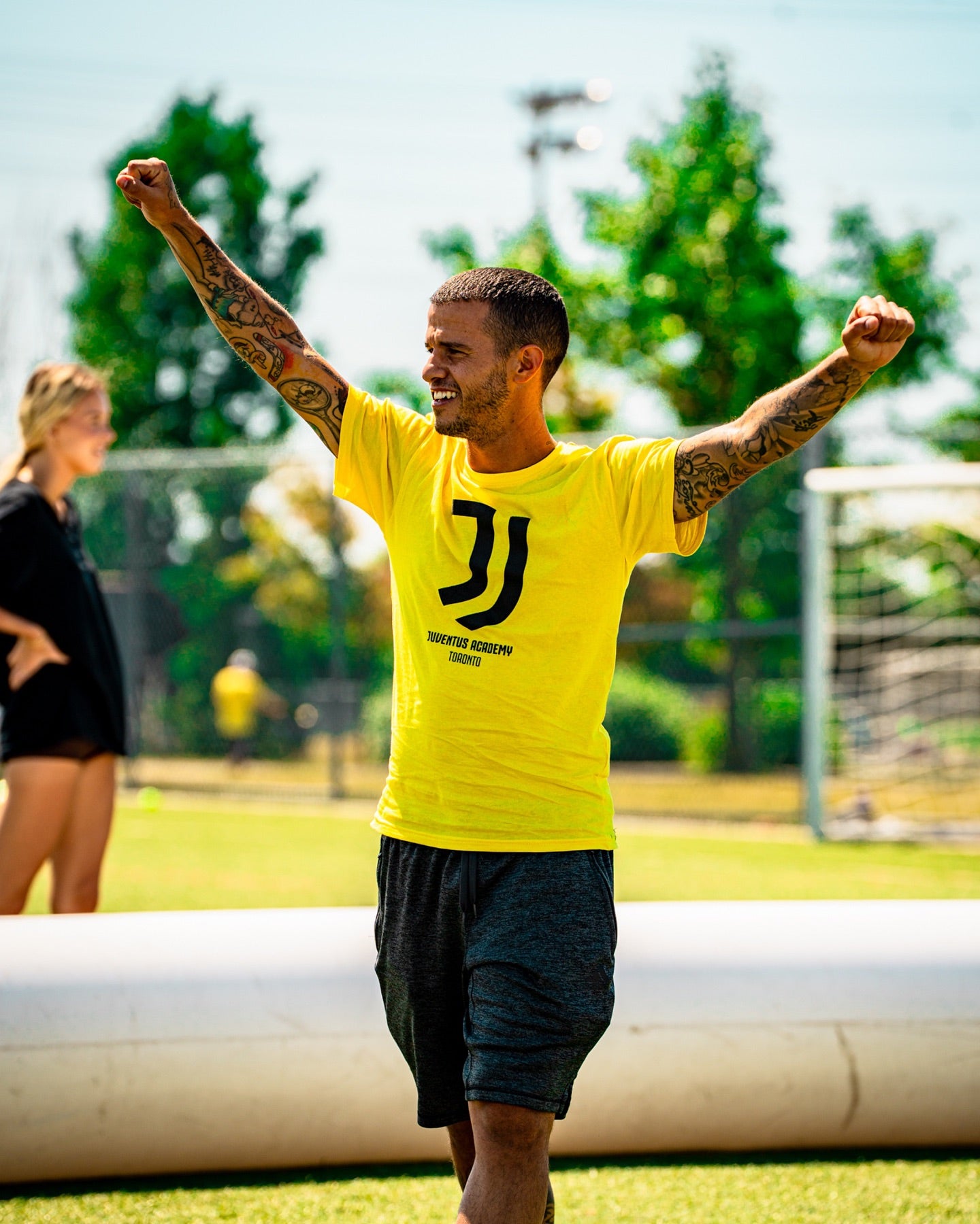 football soccer player coach juventus academy toronto celebrating in airpitch 3v3 inflatable football pitch blow up soccer field